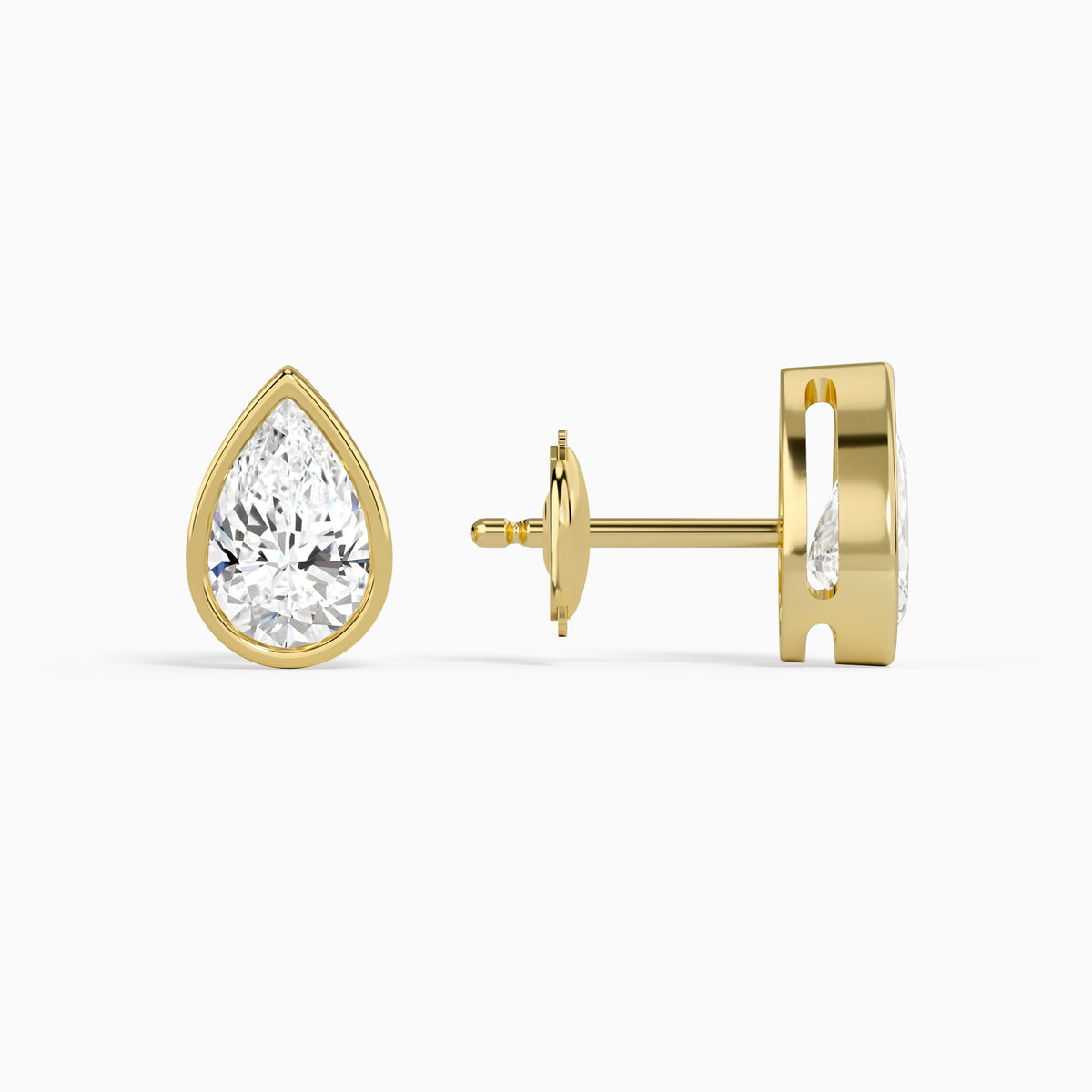 Pear Bezel Solitaire Diamond Stud Earrings in 14K Yellow Gold