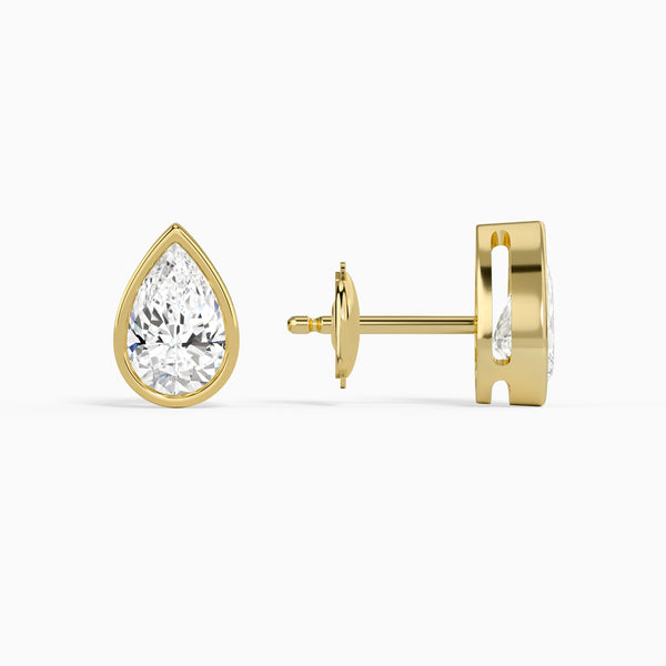 Pear Bezel Solitaire Diamond Stud Earrings in 14K Yellow Gold