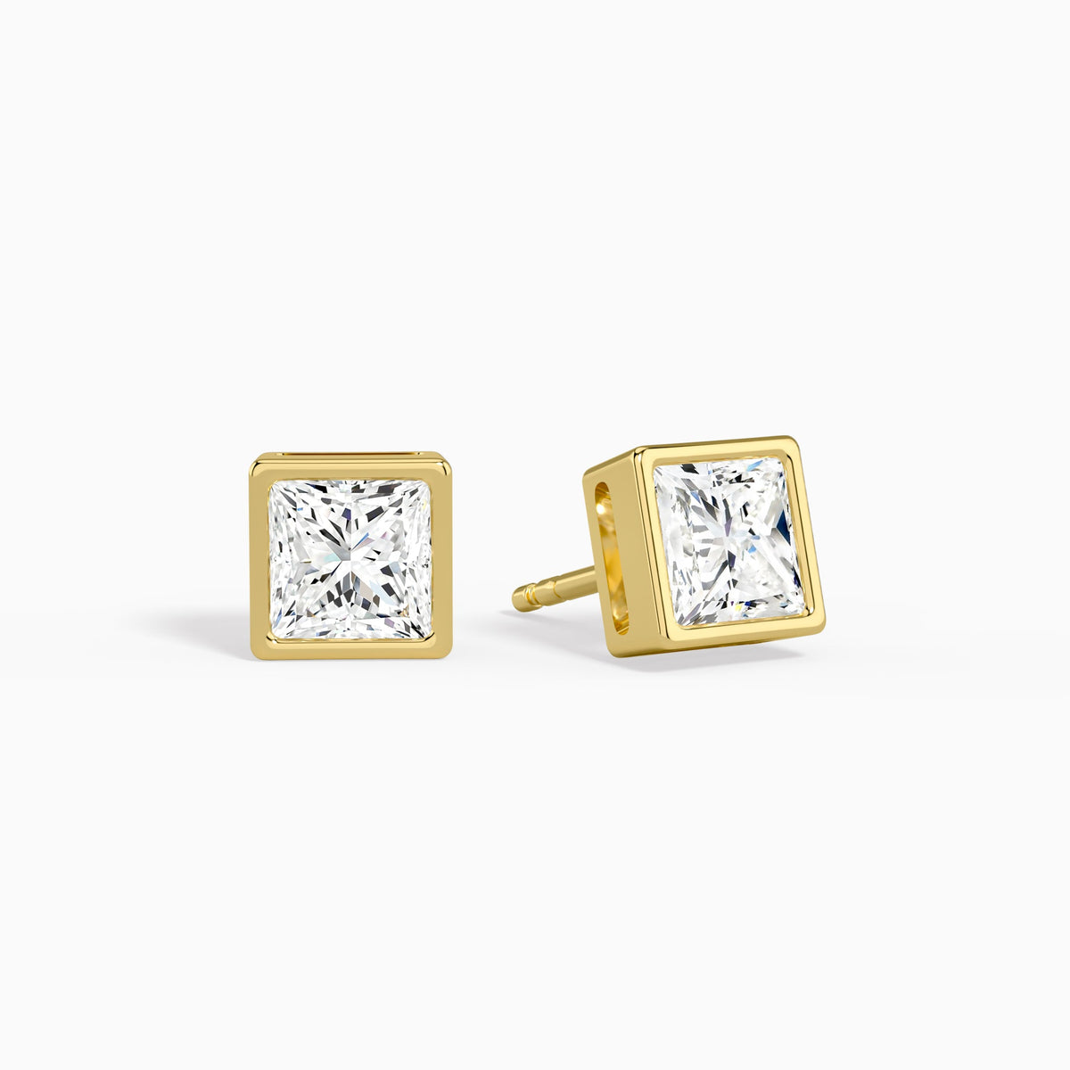 Princess Bezel Solitaire Diamond Stud Earrings in 14K Yellow Gold