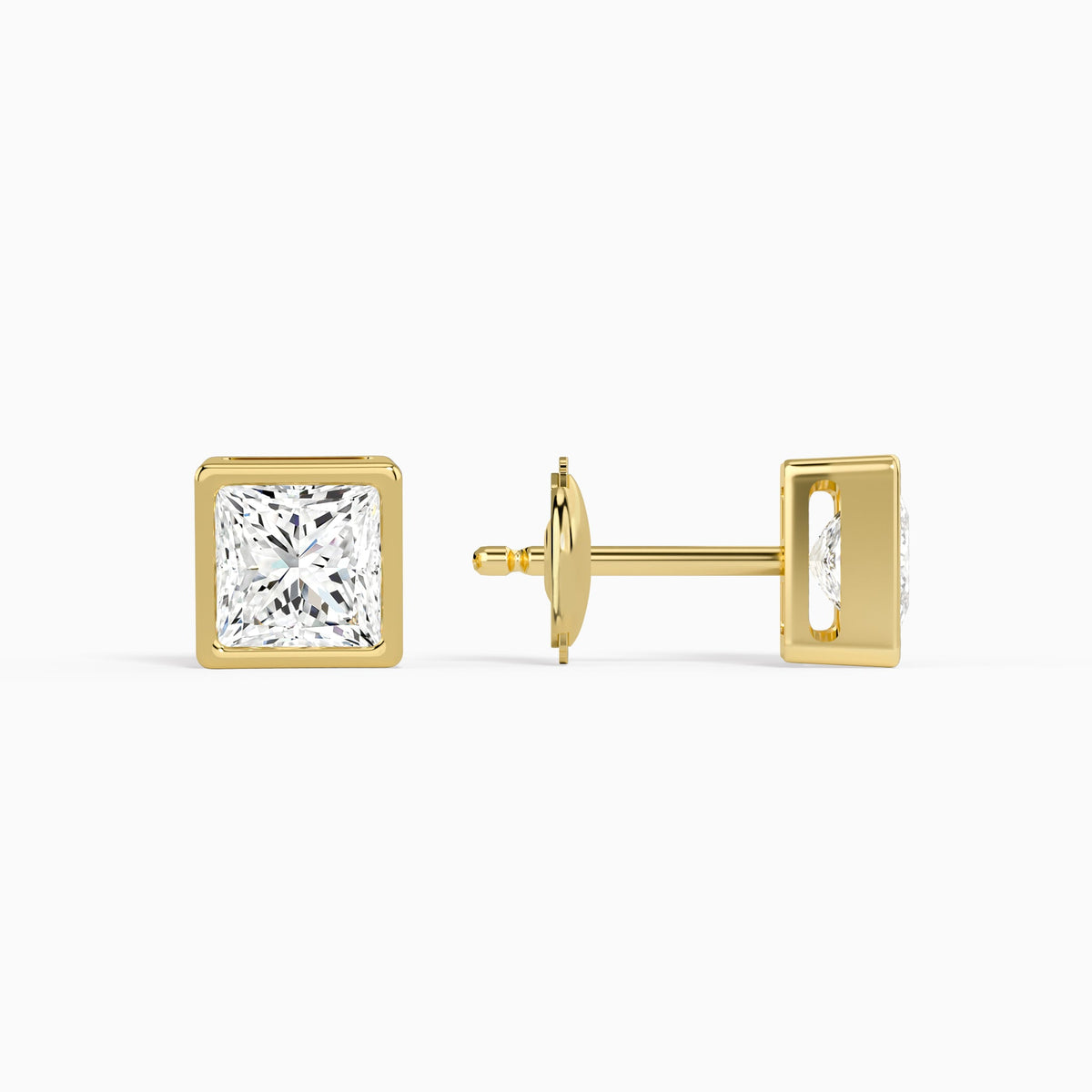 Princess Bezel Solitaire Diamond Stud Earrings in 18K Yellow Gold