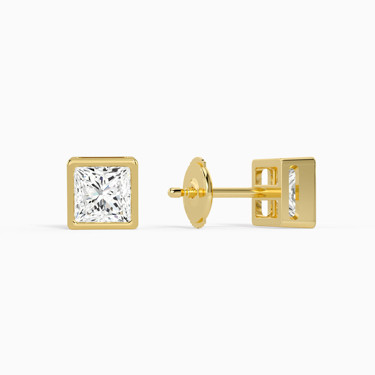Princess Bezel Solitaire Diamond Stud Earrings in 14K Yellow Gold