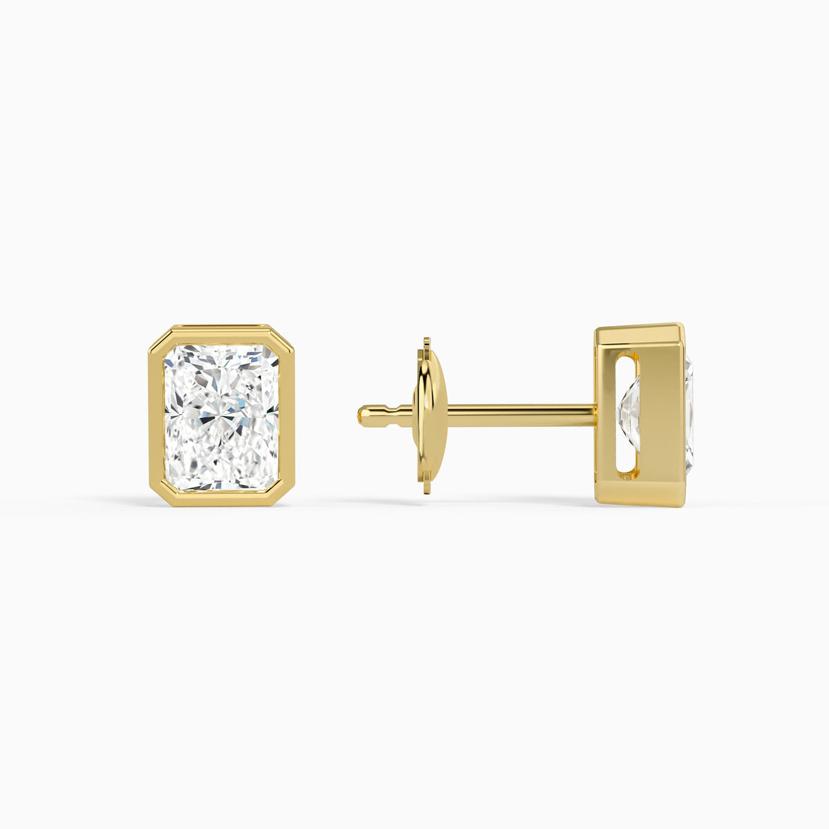 Radiant Bezel Solitaire Diamond Stud Earrings in 14K Yellow Gold