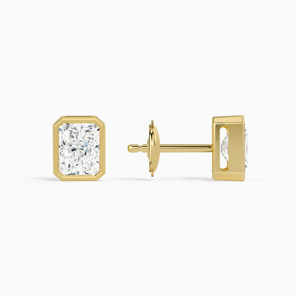 Radiant Bezel Solitaire Diamond Stud Earrings in 14K Yellow Gold