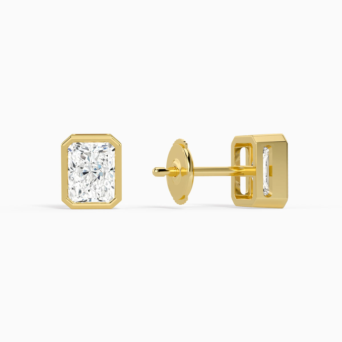 Radiant Bezel Solitaire Diamond Stud Earrings in 14K Yellow Gold