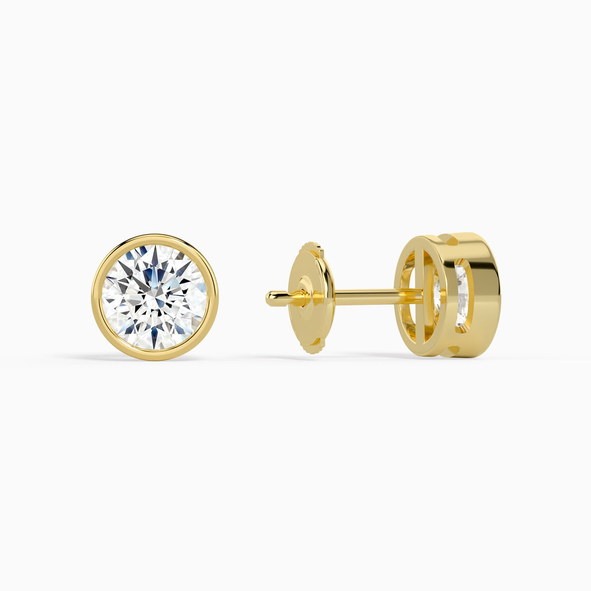 Round Bezel Solitaire Diamond Stud Earrings in 14K Yellow Gold