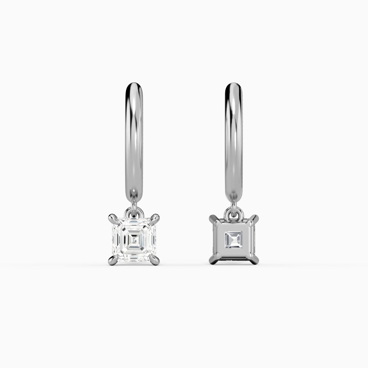 Asscher Solitaire Drop Huggie Hoop Earrings in Platinum