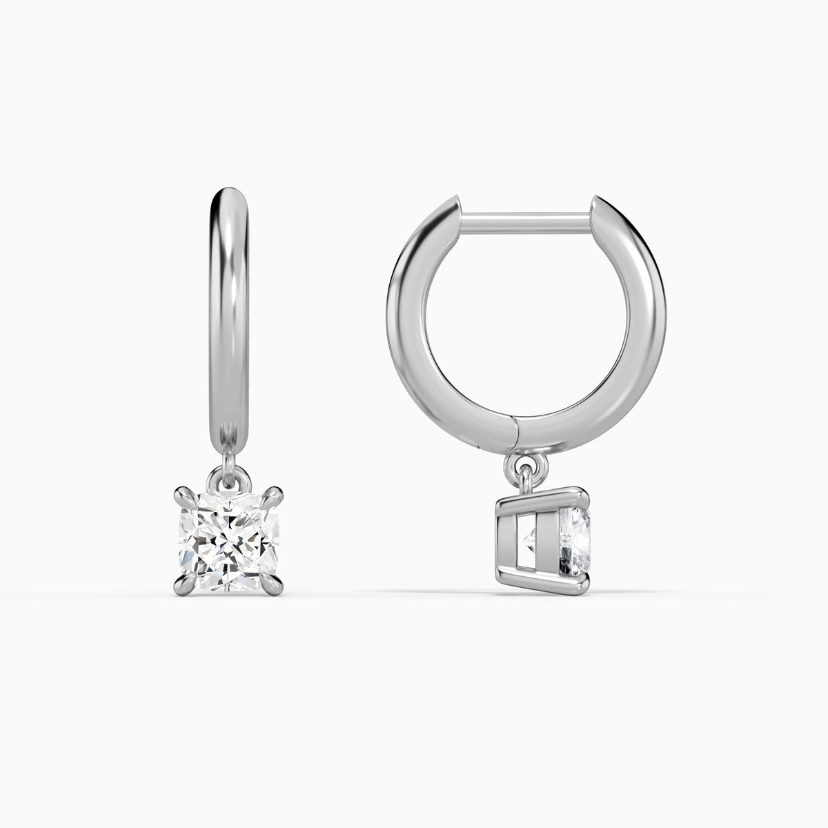 Cushion Solitaire Drop Huggie Hoop Earrings in Platinum