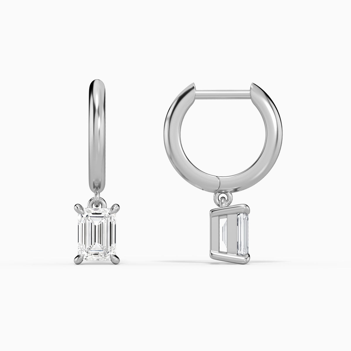Emerald Solitaire Drop Huggie Hoop Earrings in Platinum