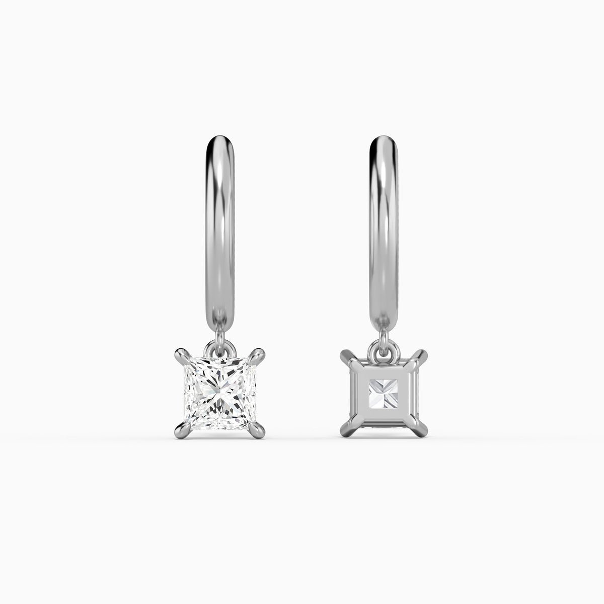 Princess Solitaire Drop Huggie Hoop Earrings in Platinum