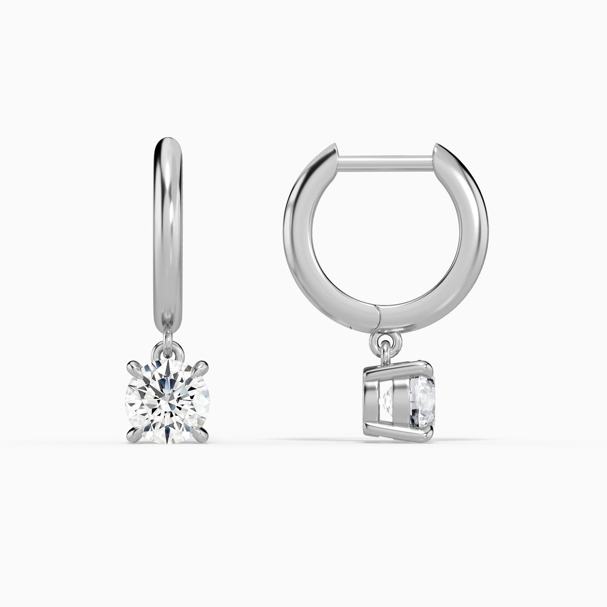 Round Solitaire Drop Huggie Hoop Earrings in Platinum