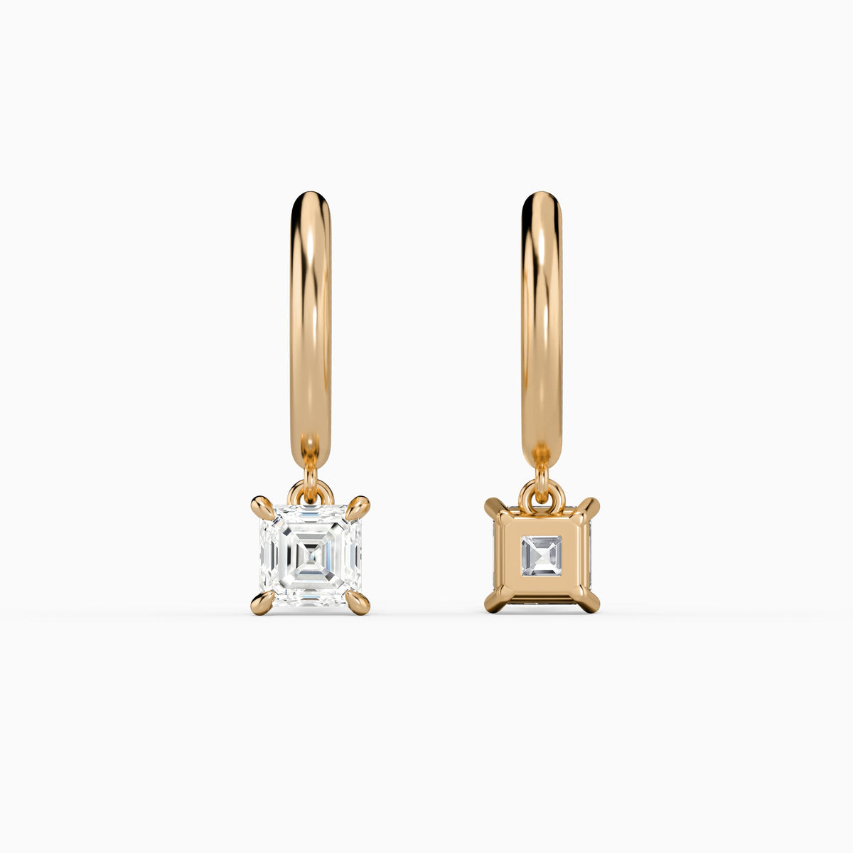 Asscher Solitaire Drop Huggie Hoop Earrings in 14K Rose Gold