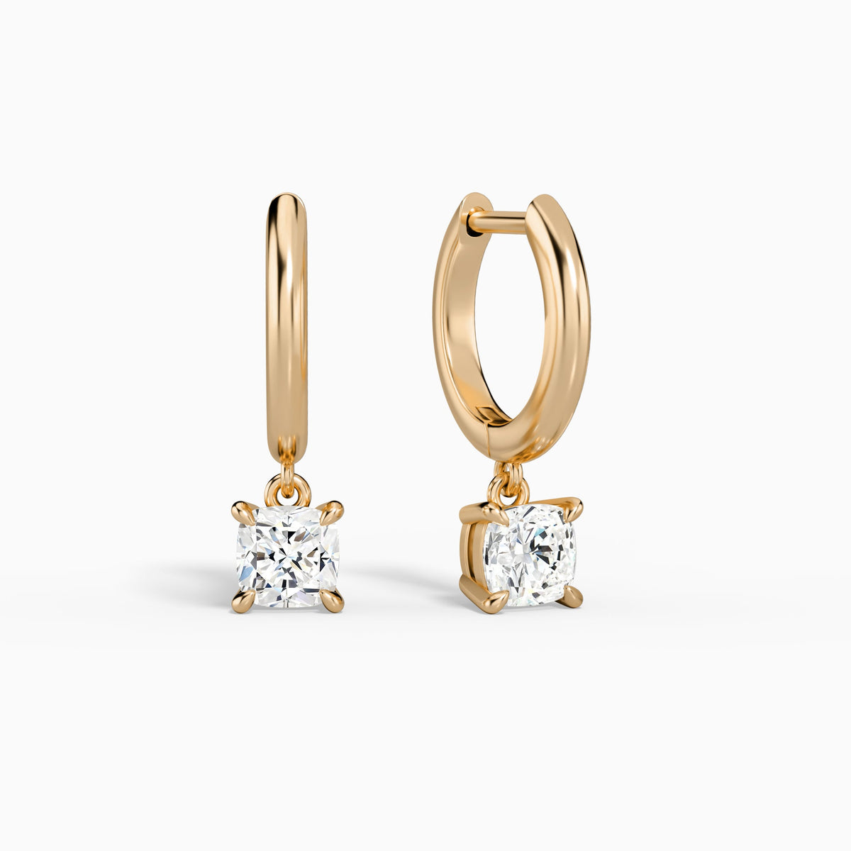 Cushion Solitaire Drop Huggie Hoop Earrings in 14K Rose Gold