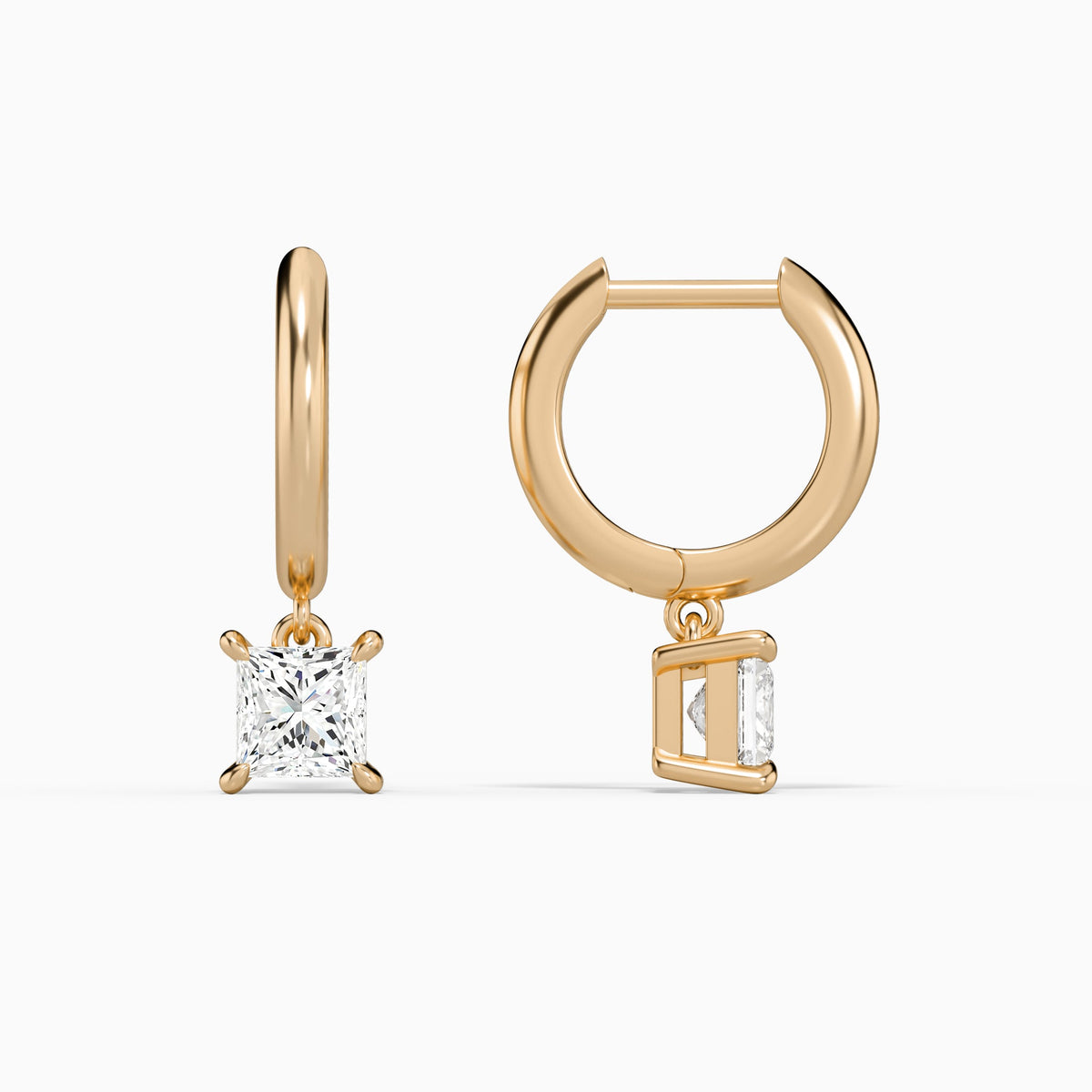 Princess Solitaire Drop Huggie Hoop Earrings in 14K Rose Gold