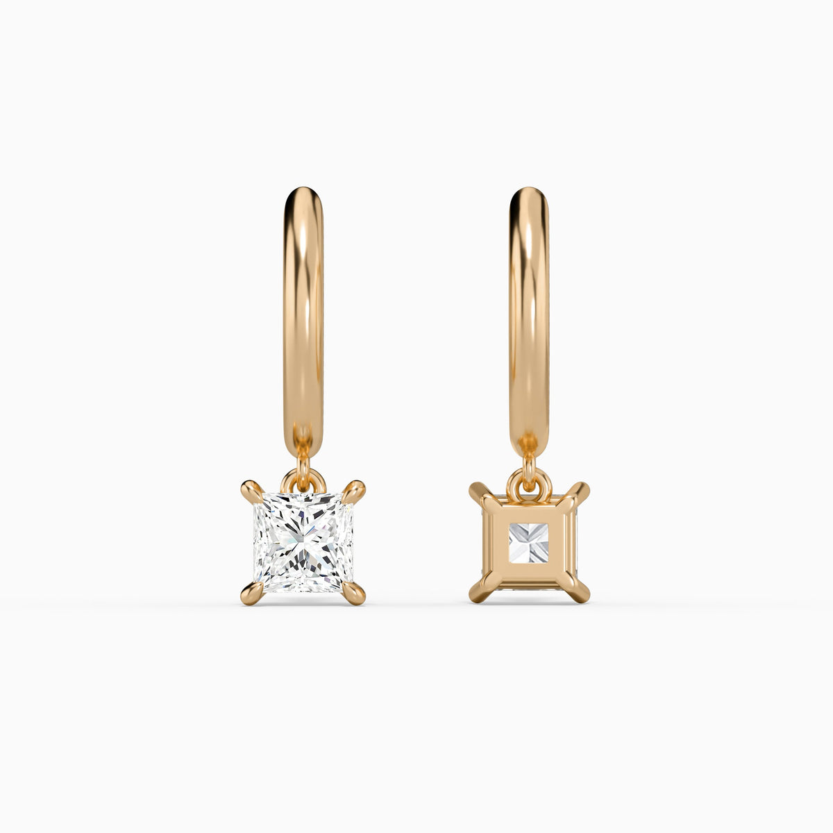Princess Solitaire Drop Huggie Hoop Earrings in 14K Rose Gold