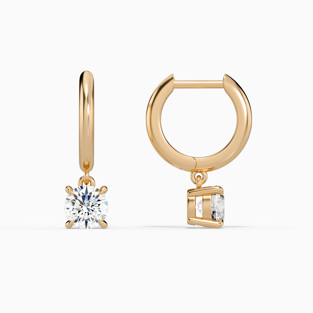 Round Solitaire Drop Huggie Hoop Earrings in 14K Rose Gold