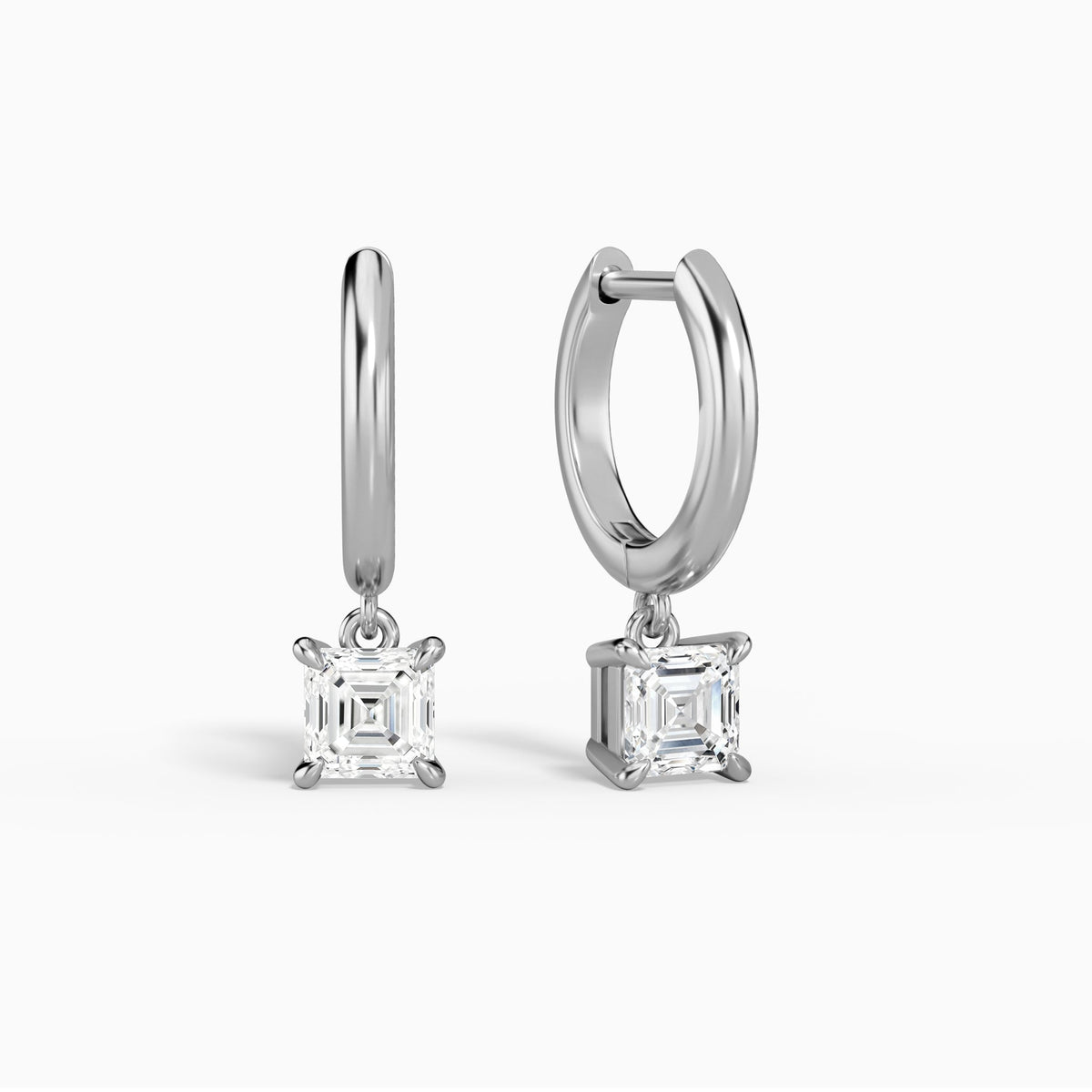 Asscher Solitaire Drop Huggie Hoop Earrings in 14K White Gold