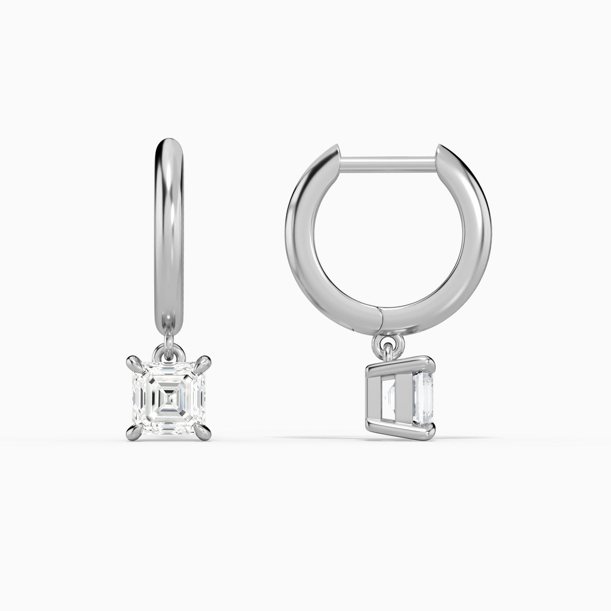 Asscher Solitaire Drop Huggie Hoop Earrings in 14K White Gold