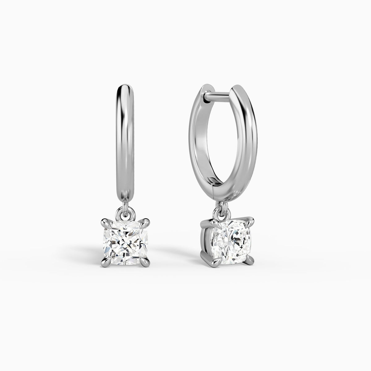 Cushion Solitaire Drop Huggie Hoop Earrings in 18K White Gold