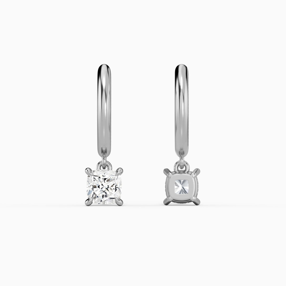 Cushion Solitaire Drop Huggie Hoop Earrings in 14K White Gold