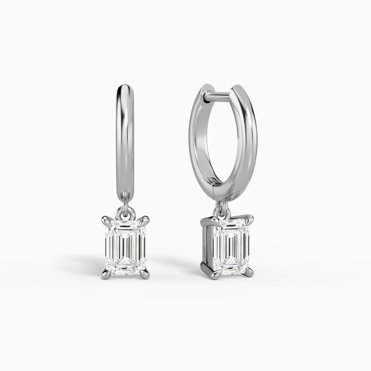 Emerald Solitaire Drop Huggie Hoop Earrings in 14K White Gold