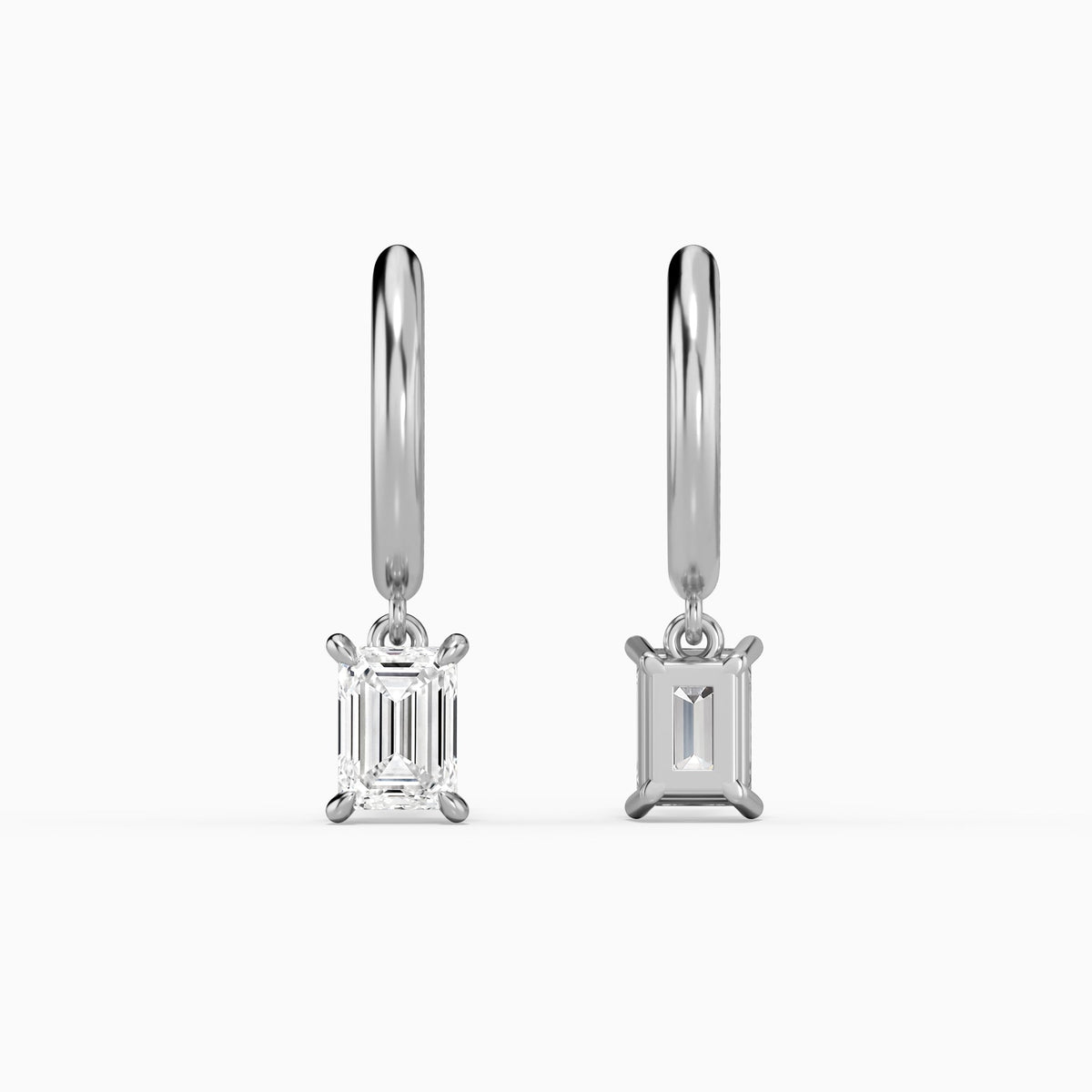 Emerald Solitaire Drop Huggie Hoop Earrings in 18K White Gold