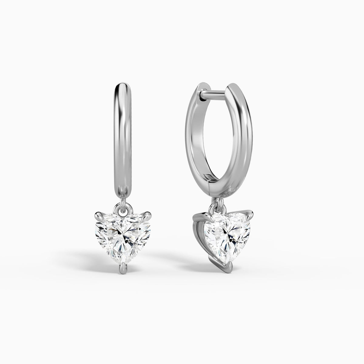 Heart Solitaire Drop Huggie Hoop Earrings in 14K White Gold