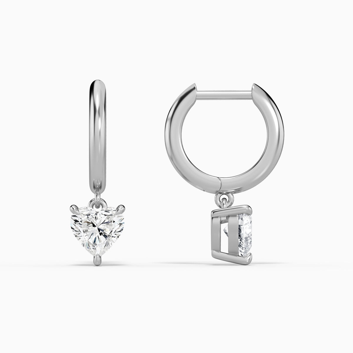Heart Solitaire Drop Huggie Hoop Earrings in 18K White Gold