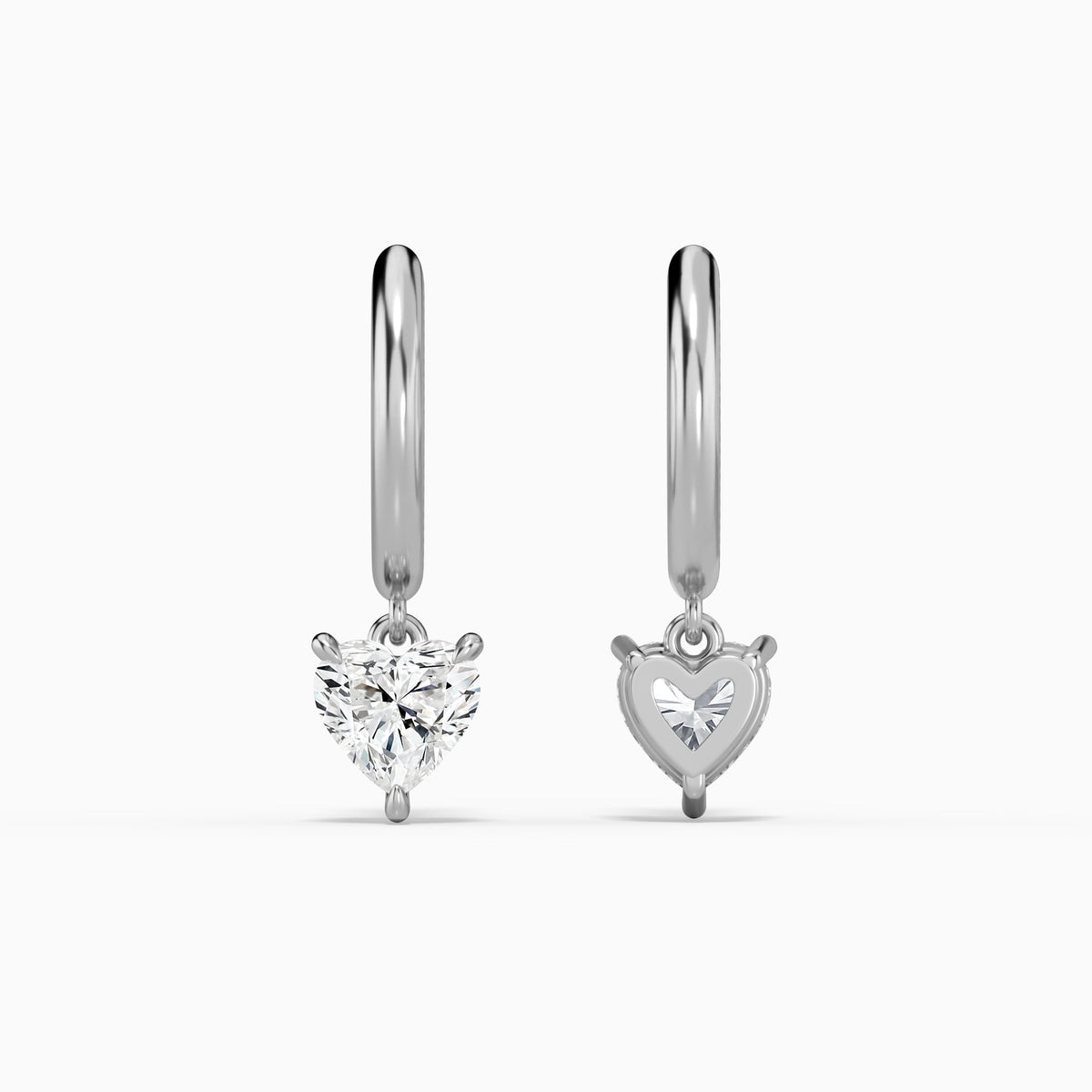 Heart Solitaire Drop Huggie Hoop Earrings in 14K White Gold