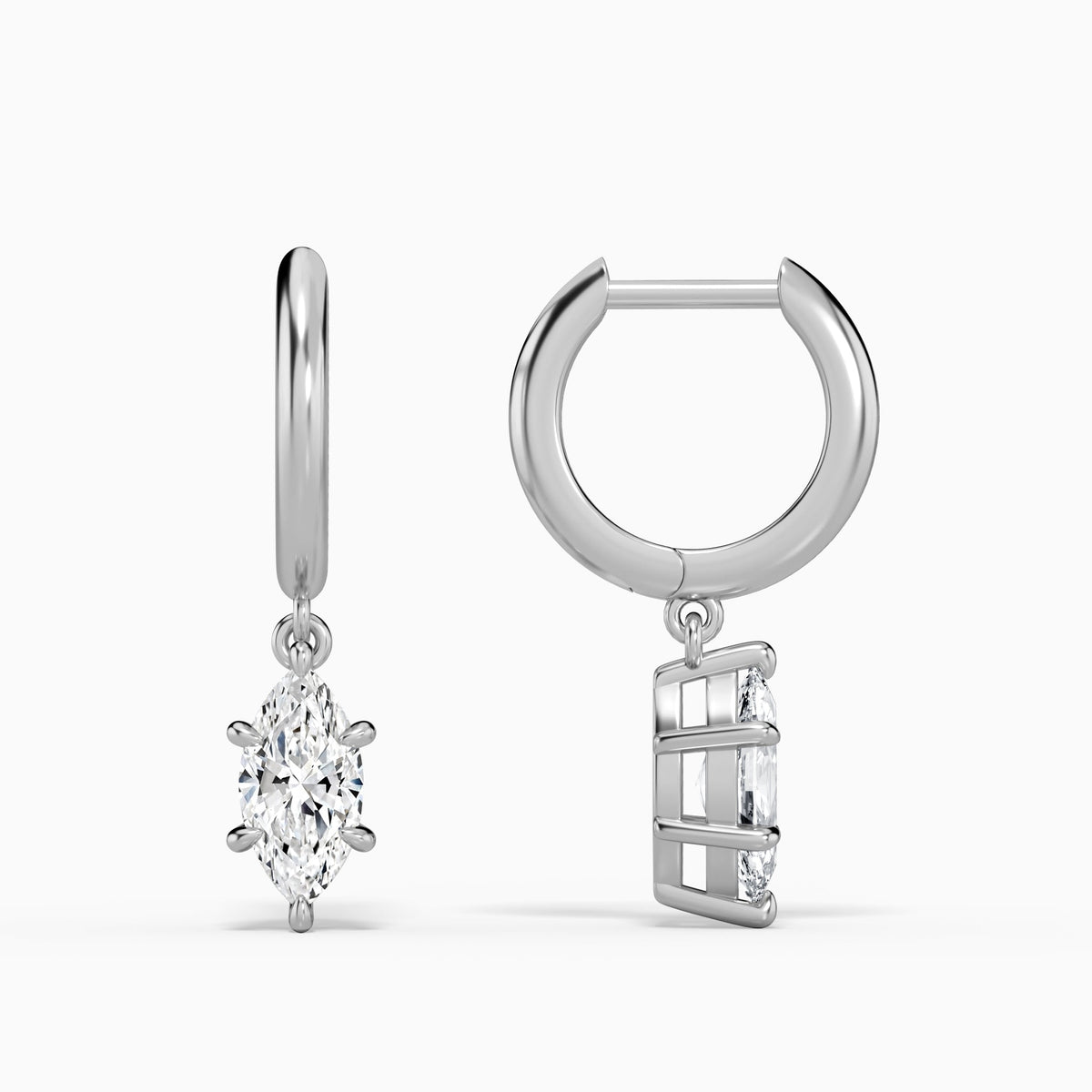 Marquise Solitaire Drop Huggie Hoop Earrings in 18K White Gold