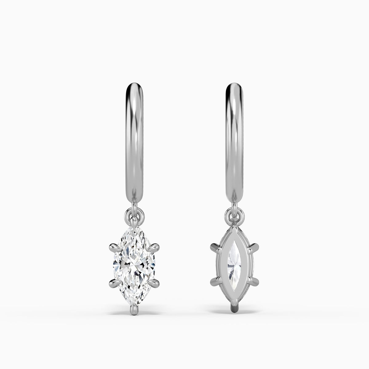 Marquise Solitaire Drop Huggie Hoop Earrings in 18K White Gold