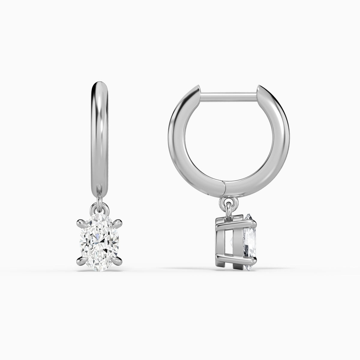 Oval Solitaire Drop Huggie Hoop Earrings in 18K White Gold