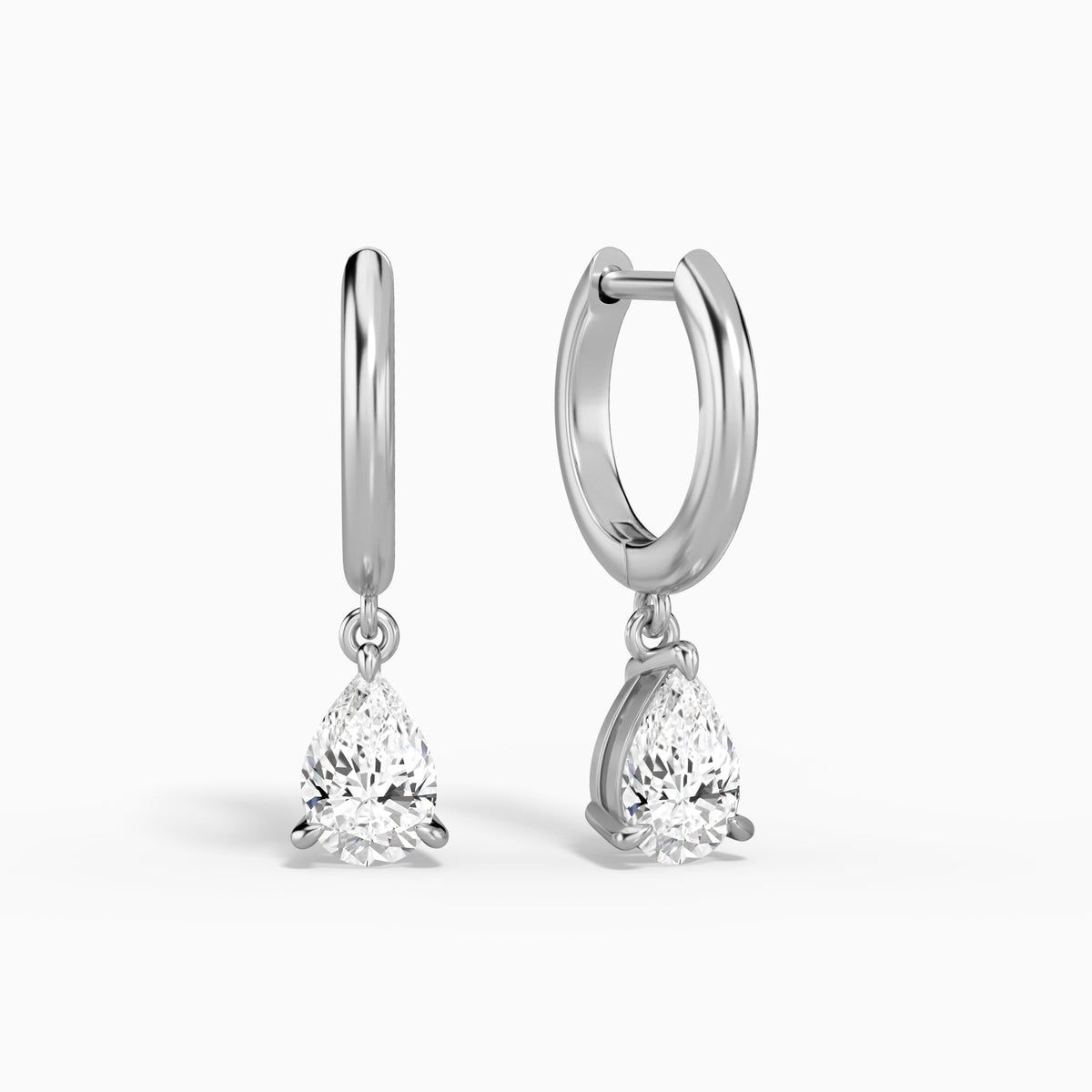Pear Solitaire Drop Huggie Hoop Earrings in 14K White Gold