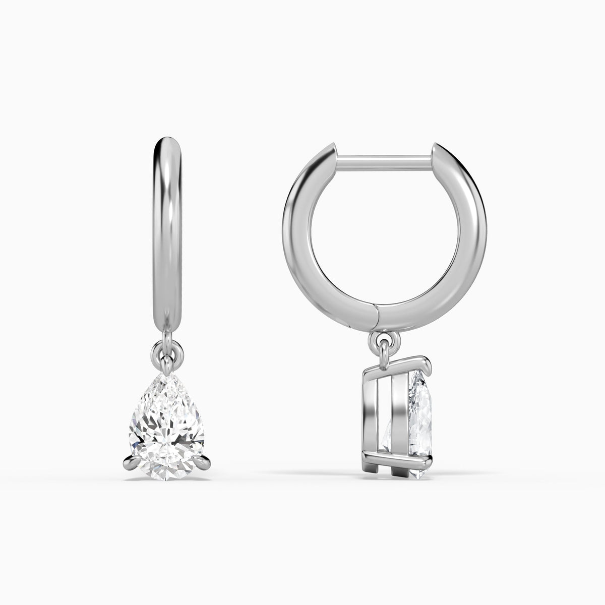 Pear Solitaire Drop Huggie Hoop Earrings in 14K White Gold