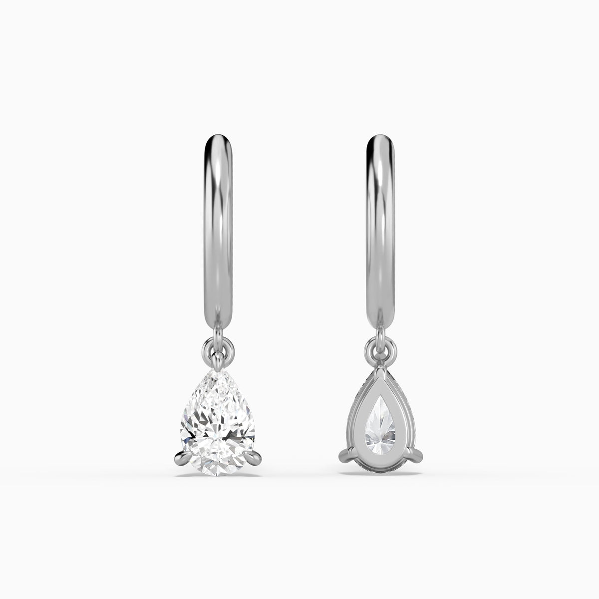 Pear Solitaire Drop Huggie Hoop Earrings in 14K White Gold