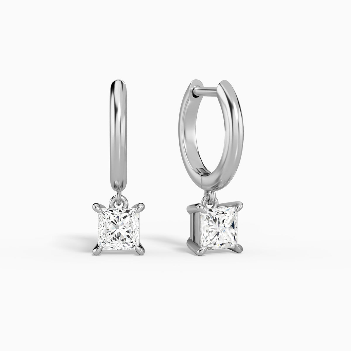 Princess Solitaire Drop Huggie Hoop Earrings in 18K White Gold