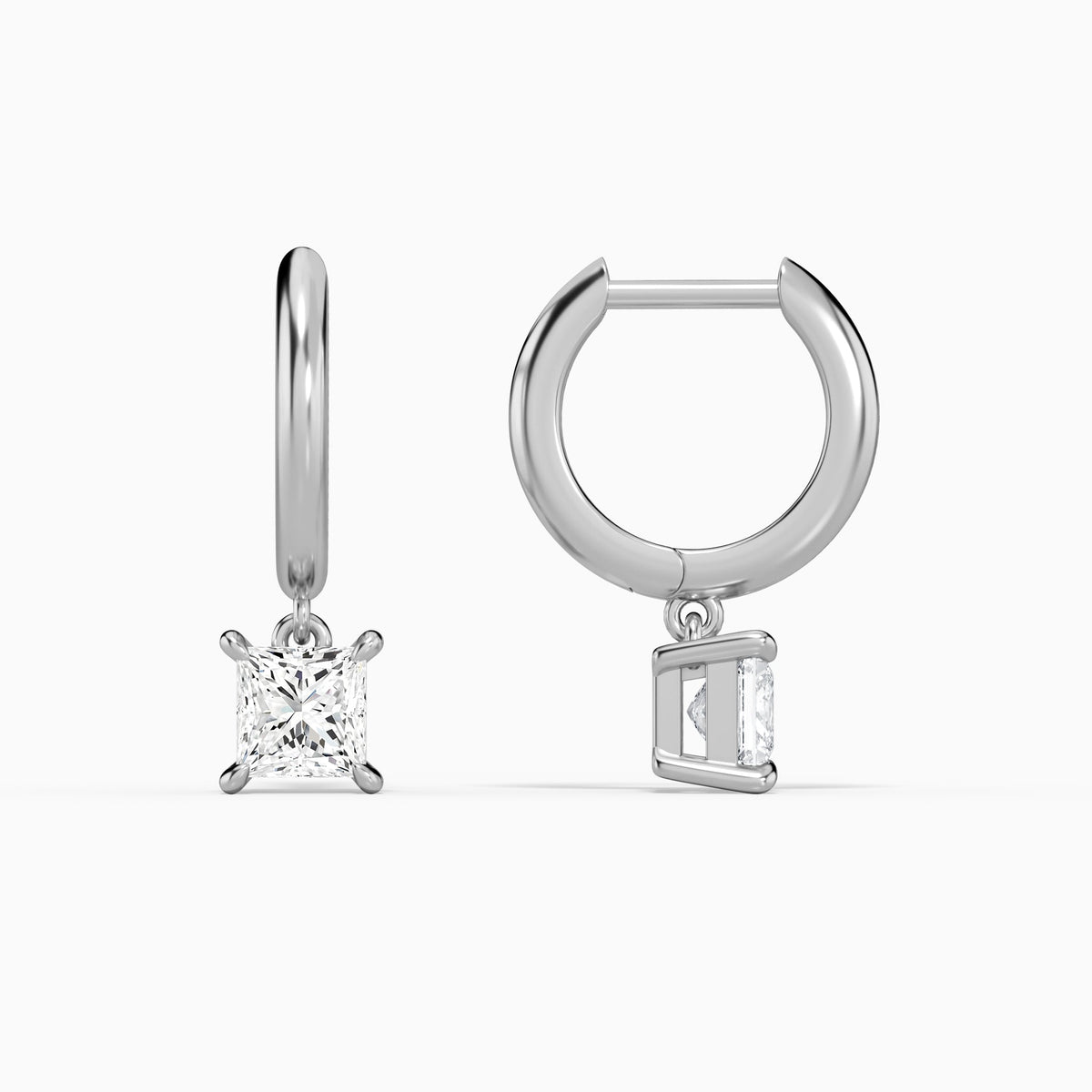 Princess Solitaire Drop Huggie Hoop Earrings in 14K White Gold