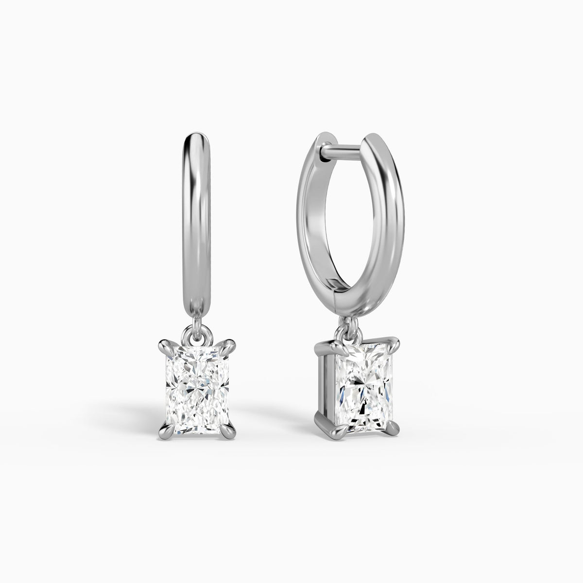 Radiant Solitaire Drop Huggie Hoop Earrings in 14K White Gold