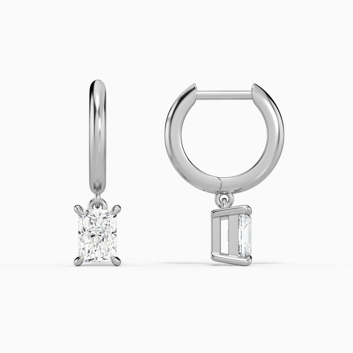 Radiant Solitaire Drop Huggie Hoop Earrings in 18K White Gold