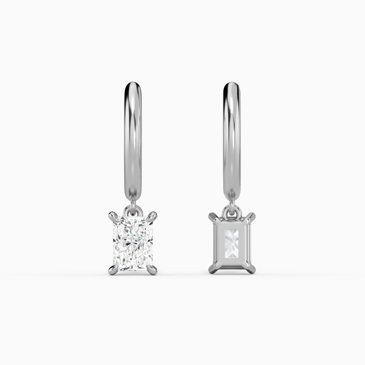 Radiant Solitaire Drop Huggie Hoop Earrings in 18K White Gold