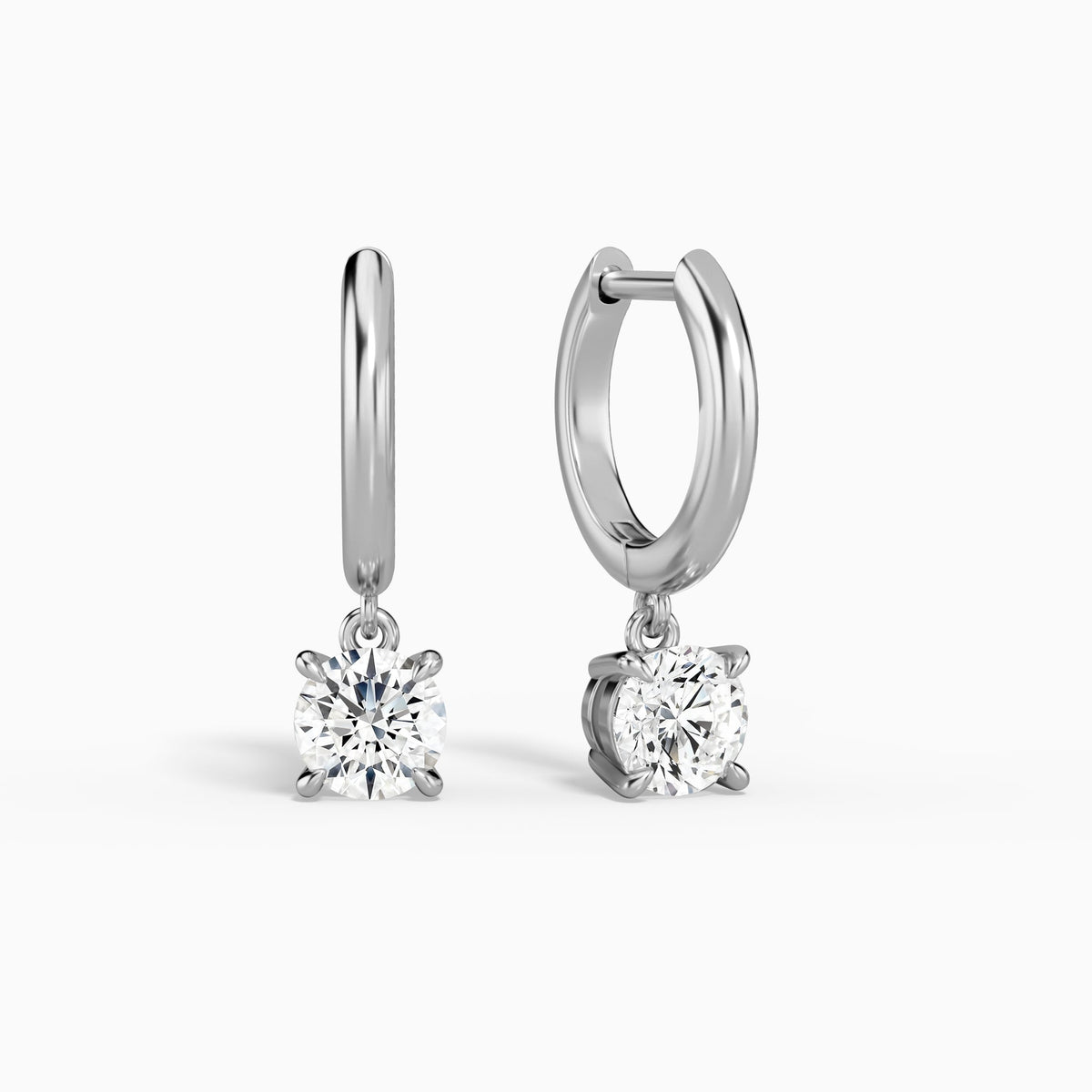 Round Solitaire Drop Huggie Hoop Earrings in 18K White Gold