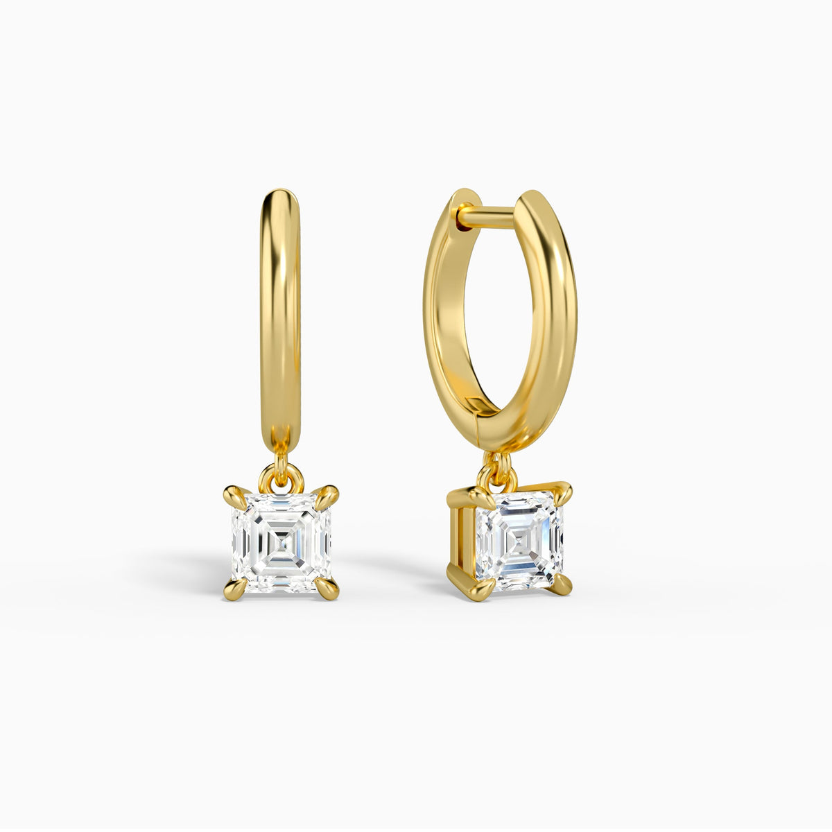 Asscher Solitaire Drop Huggie Hoop Earrings in 14K Yellow Gold