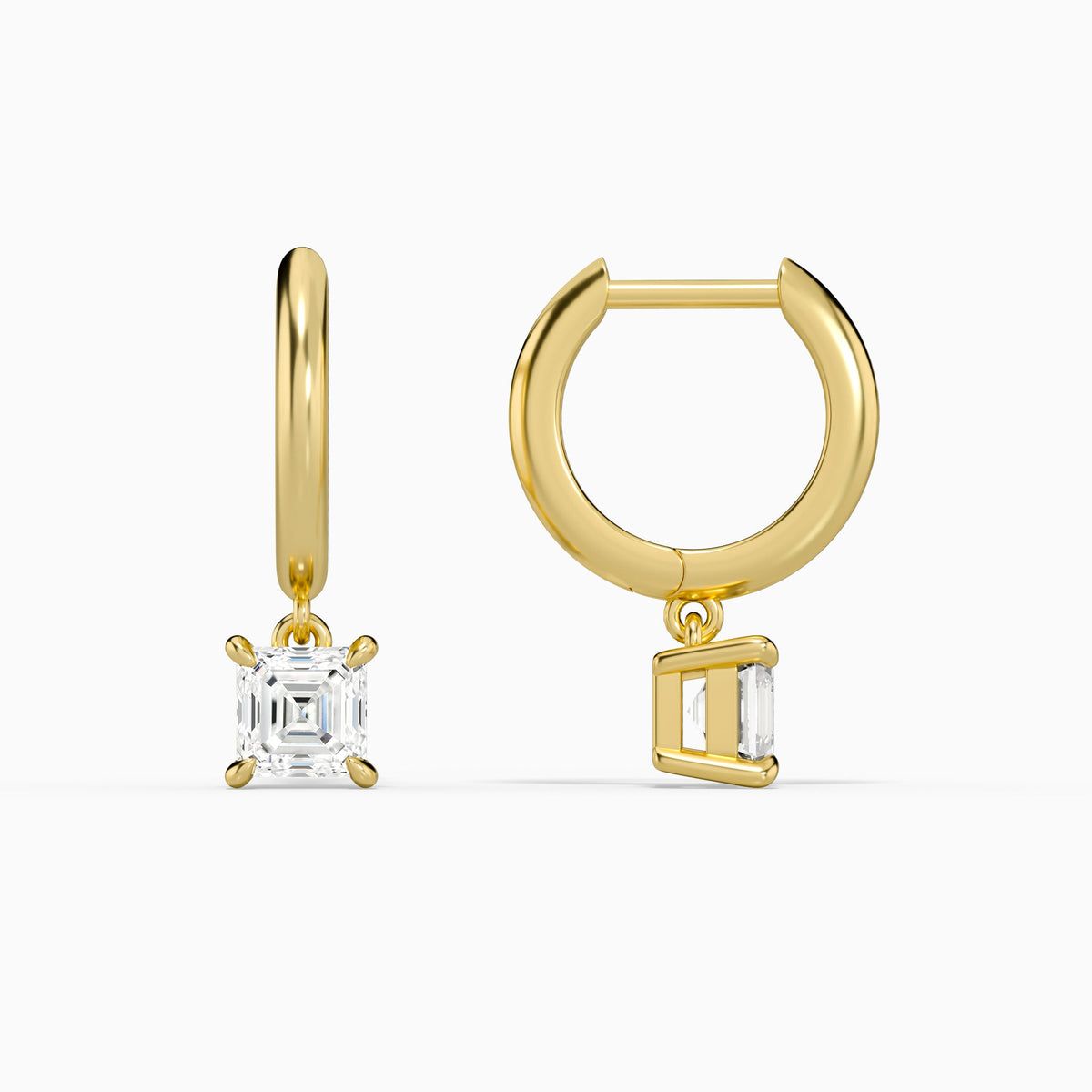 Asscher Solitaire Drop Huggie Hoop Earrings in 14K Yellow Gold