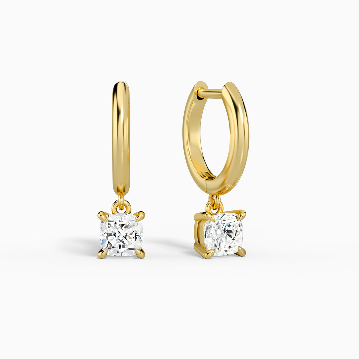 Cushion Solitaire Drop Huggie Hoop Earrings in 14K Yellow Gold