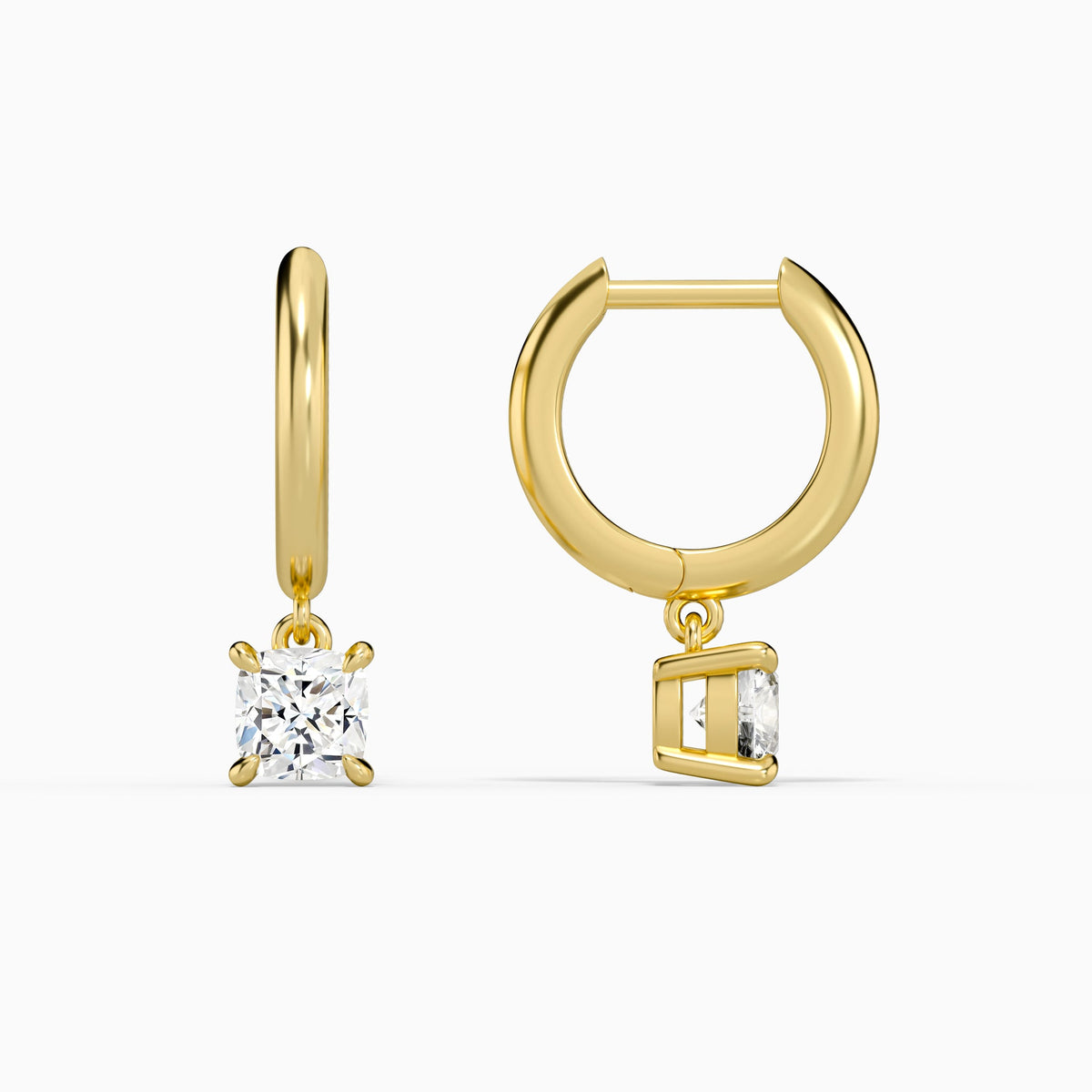 Cushion Solitaire Drop Huggie Hoop Earrings in 14K Yellow Gold