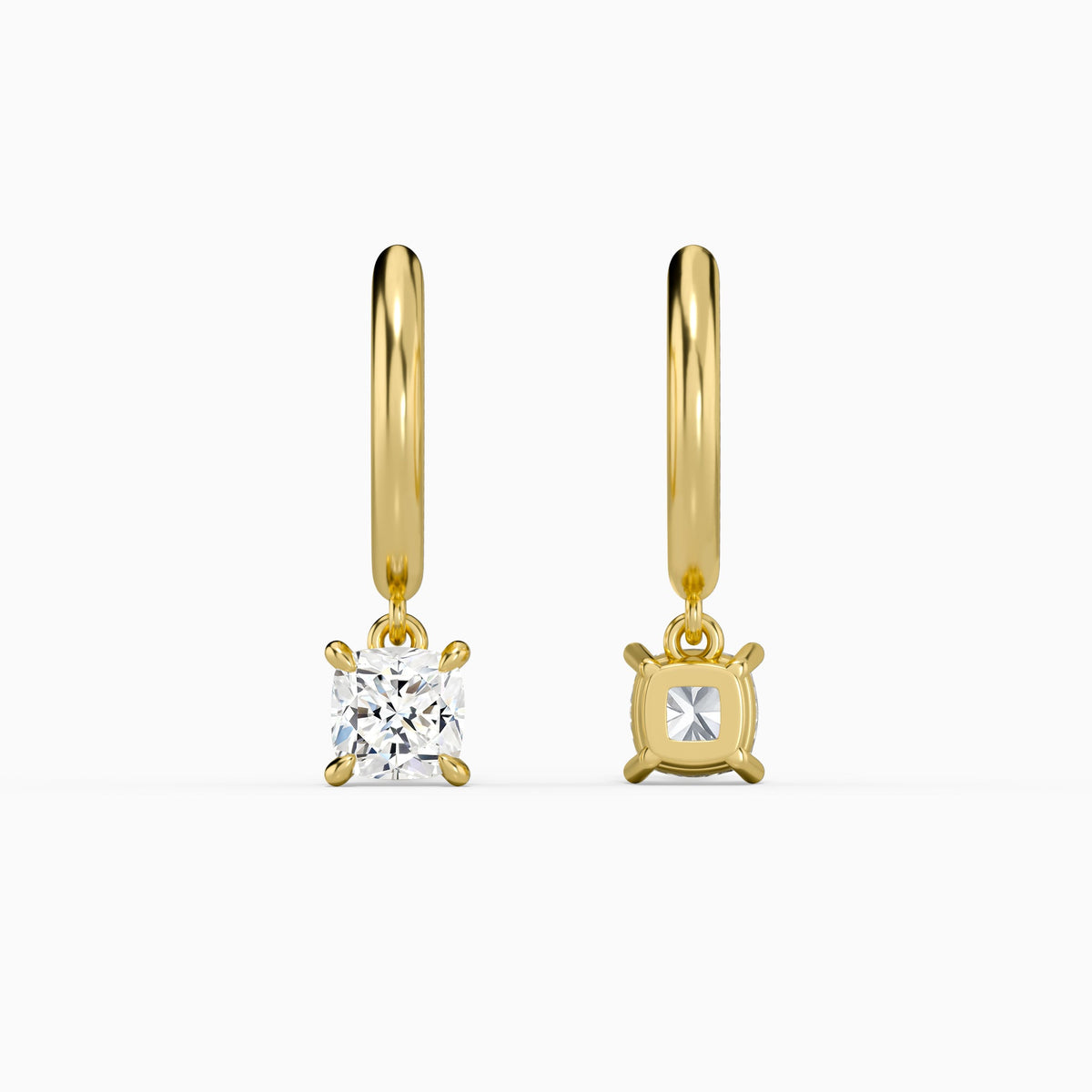 Cushion Solitaire Drop Huggie Hoop Earrings in 14K Yellow Gold