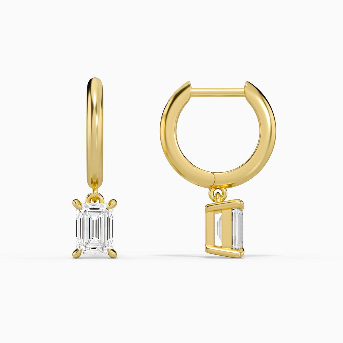 Emerald Solitaire Drop Huggie Hoop Earrings in 18K Yellow Gold