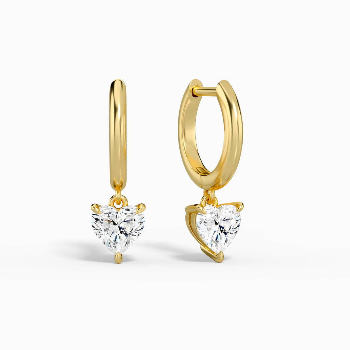 Heart Solitaire Drop Huggie Hoop Earrings in 14K Yellow Gold