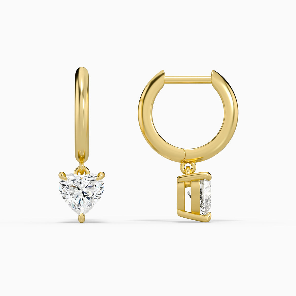 Heart Solitaire Drop Huggie Hoop Earrings in 14K Yellow Gold