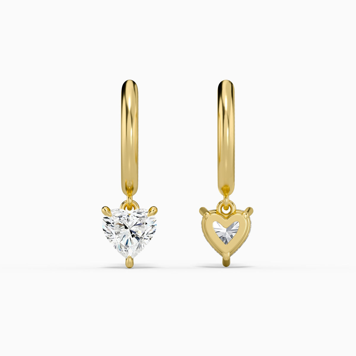 Heart Solitaire Drop Huggie Hoop Earrings in 14K Yellow Gold