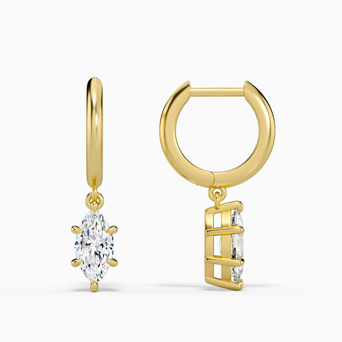 Marquise Solitaire Drop Huggie Hoop Earrings in 18K Yellow Gold